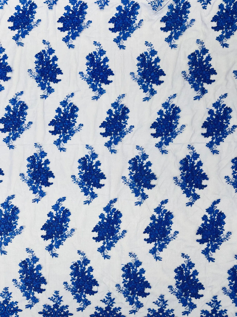 Damask Flower Lace Fabric - Royal Blue - Damask Flowers Embroidered on Lace Fabric By Yard