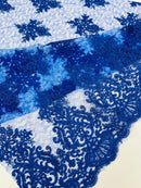 Floral Damask Corded Fabric - Royal Blue - Embroidered Floral Design with Damask Border By Yard