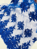Flower 3D Corded Fabric - Royal Blue - Lace Mesh Fabric Embroidered Floral Design by Yard