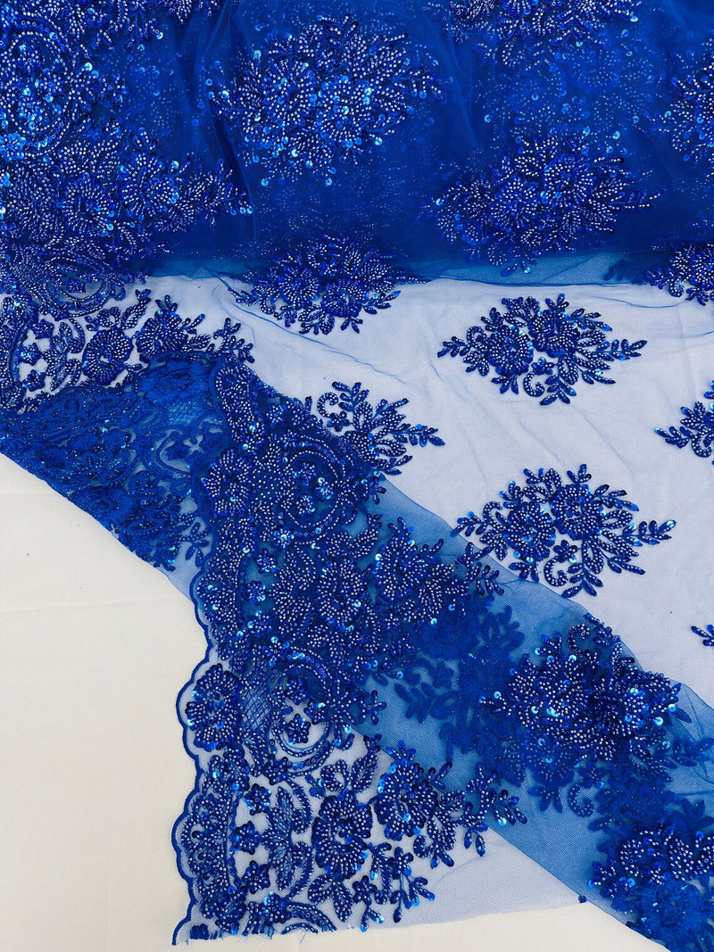 Heavy Bridal Lace Fabric - Royal Blue - Floral Beaded Heavy Lace Fabric Sold by Yard