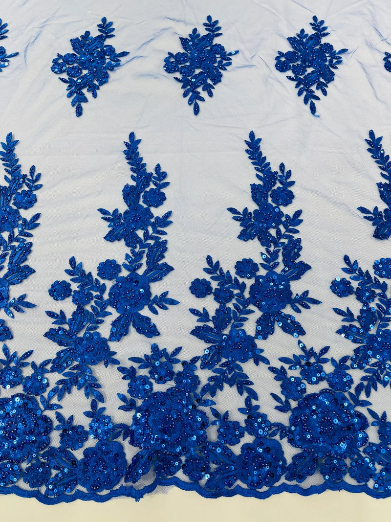 Rose Beaded Sequin Fabric - Royal Blue - Embroidered Floral Pattern with Beads and Sequins By Yard
