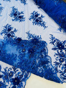 3D Rhinestone Flower Fabric - Royal Blue - 3D Flower Beaded Clusters with Sequins and Rhinestones By Yard