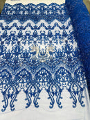 Damask Beaded Glam Fabric - Royal Blue - Embroidery Beaded Fabric with Round Beads Sold By The Yard