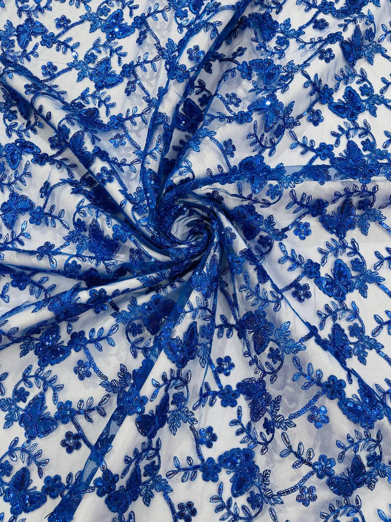 Metallic Floral Butterfly Fabric - Royal Blue - Embroidered Floral Butterfly Design Mesh Fabric by Yard