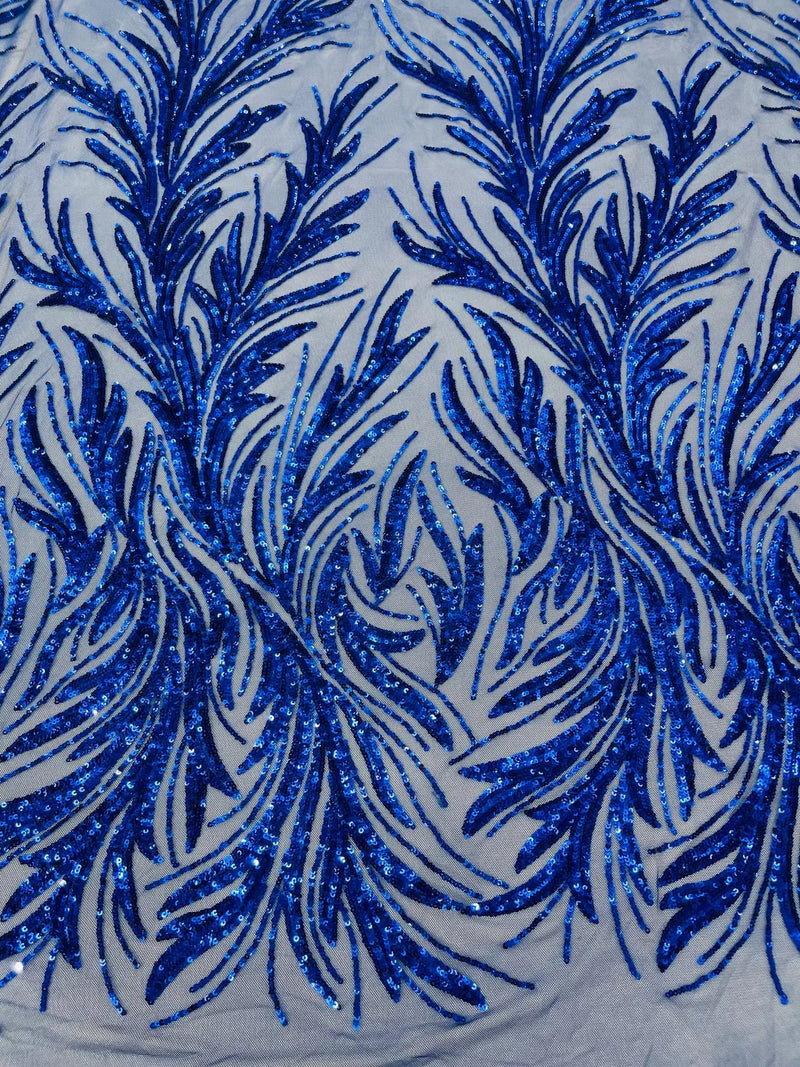 Leaf Stretch Sequins Fabric - Royal Blue - 4 Way Stretch Sequins on Lace Mesh Fabric by Yard