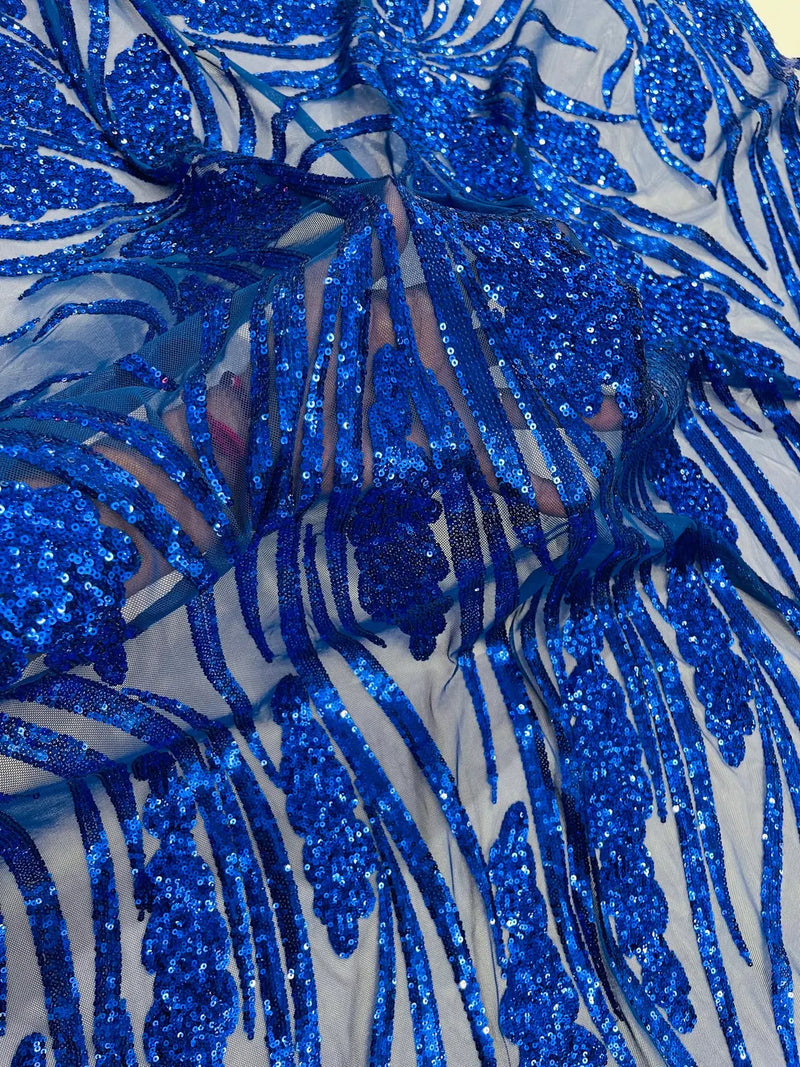 Wavy Leaf Design Fabric - Royal Blue - 4 Way Stretch Sequins Lace Mesh Leaf Design Fabric by Yard