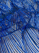 Curvy Design Sequins Fabric - Royal Blue - 4 Way Stretch Curvy Sequins Design Mesh Fabric by Yard