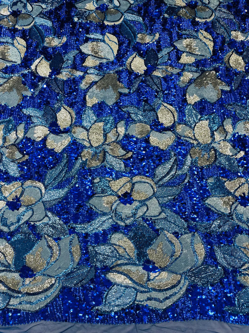 Orchid Flower Sequins Design - Royal Blue - Embroidered 4 Way Stretch Full Of Sequins Fabric Sold By Yard