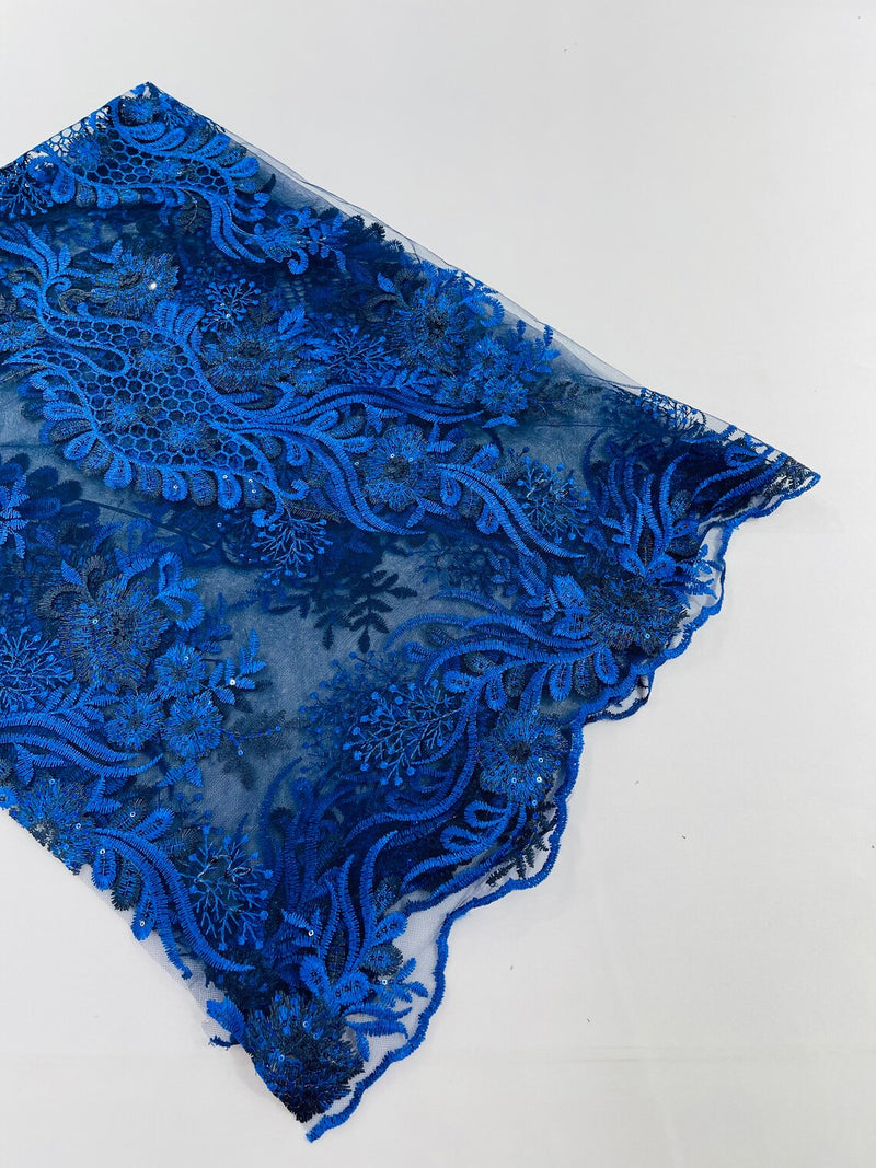 Two Tone Lace Floral Fabric - Royal Blue - Flower and Fish Designs Corded on Sequins Lace By Yard