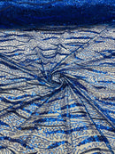 Wavy Leaf Lines Fabric - Royal Blue - Beaded Sequins Leaf Pattern Embroidered On Mesh By Yard