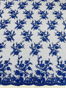 Floral Cluster Corded Fabric - Royal Blue - Fancy Flower Embroidery Lace Mesh Fabric By Yard