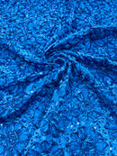 Sequins Satin Rosette Fabric - Royal Blue - 3D Satin Rose Sequins Floral Fabric Sold By The Yard