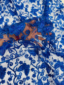 Butterflies Swirl Design - Royal Blue - Metallic Sequins Butterflies on Lace Fabric By Yard