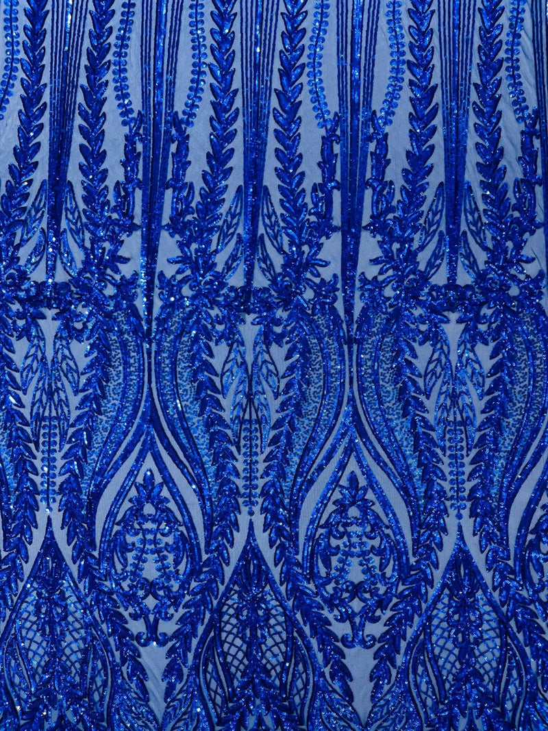 Mermaid Design Fabric - Royal Blue - 4 Way Stretch Sequins Fabric on Lace Mesh Sold By Yard