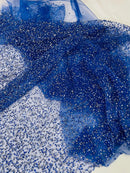Rhinestone Glitter Mesh Fabric - Royal Blue - Shiny Glitter Mesh Rhinestone Detail Fabric by Yard