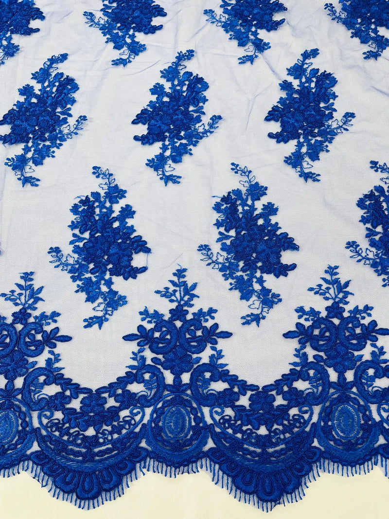 Damask Flower Lace Fabric - Royal Blue - Damask Flowers Embroidered on Lace Fabric By Yard