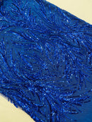 Leaf Stretch Sequins Fabric - Royal Blue - 4 Way Stretch Sequins on Lace Mesh Fabric by Yard