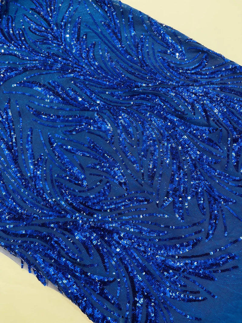 Leaf Stretch Sequins Fabric - Royal Blue - 4 Way Stretch Sequins on Lace Mesh Fabric by Yard