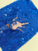 King Lace Design Fabric - Royal Blue - King Design with Sequins Embroidered On Mesh By Yard