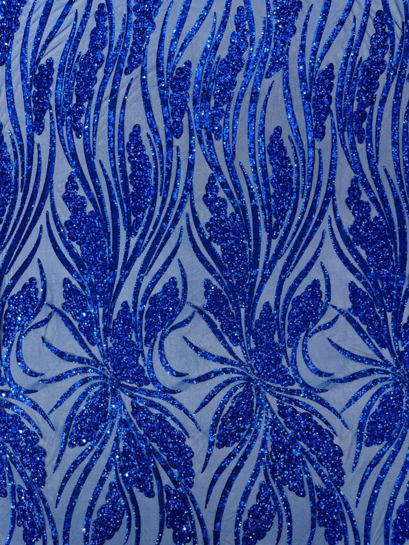 Wavy Leaf Design Fabric - Royal Blue - 4 Way Stretch Sequins Lace Mesh Leaf Design Fabric by Yard