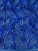 Curvy Design Sequins Fabric - Royal Blue - 4 Way Stretch Curvy Sequins Design Mesh Fabric by Yard