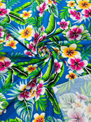 Hawaiian Floral Print Fabric - Royal Blue - 45" Plumeria Tropical Flower Cotton Fabric by Yard