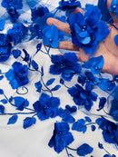 3D Orquidia Floral Lace - Royal Blue - Beautiful Orchid Flower Fabric on Mesh by Yard