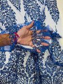 Fancy Rhinestone Glitter Fabric - Royal Blue - Embroidered Damask Design Glitter Mesh Fabric by Yard