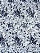 Floral Glitter Design Fabric - Royal Blue - 3D Glitter Tulle Flower Plant Design Fabric By Yard
