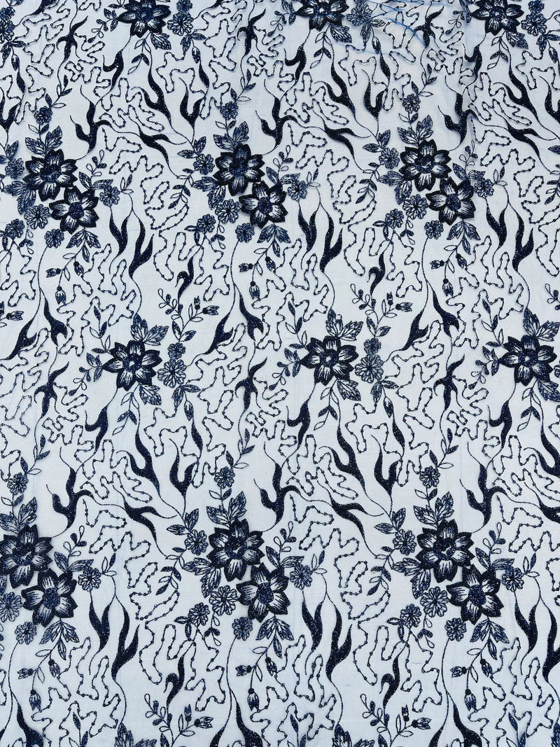 Floral Glitter Design Fabric - Royal Blue - 3D Glitter Tulle Flower Plant Design Fabric By Yard