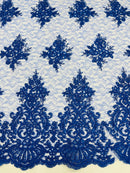 Floral Damask Corded Fabric - Royal Blue - Embroidered Floral Design with Damask Border By Yard