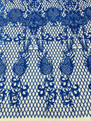 Damask Diamond Net Lace Fabric - Royal Blue - Damask Design Embroidered on Lace Mesh Fabric by Yard