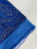 Fancy Rhinestone Glitter Fabric - Royal Blue - Embroidered Damask Design Glitter Mesh Fabric by Yard