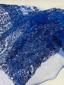 Fancy Rhinestone Glitter Fabric - Royal Blue - Embroidered Damask Design Glitter Mesh Fabric by Yard