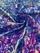 Sword Shaped Sequins - Royal Blue - Hanging Iridescent Sequins On Mesh Fabric By Yard