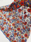 Multi-Color Flower Fabric - Royal Blue / Orange / Red- Embroidered Floral Design Lace Fabric By Yard