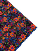 Multi-Color Flower Fabric - Royal Blue / Orange / Red- Embroidered Floral Design Lace Fabric By Yard
