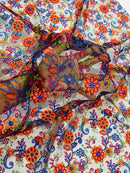 Multi-Color Flower Fabric - Royal Blue / Orange / Red- Embroidered Floral Design Lace Fabric By Yard