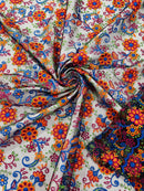Multi-Color Flower Fabric - Royal Blue / Orange / Red- Embroidered Floral Design Lace Fabric By Yard