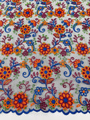 Multi-Color Flower Fabric - Royal Blue / Orange / Red- Embroidered Floral Design Lace Fabric By Yard