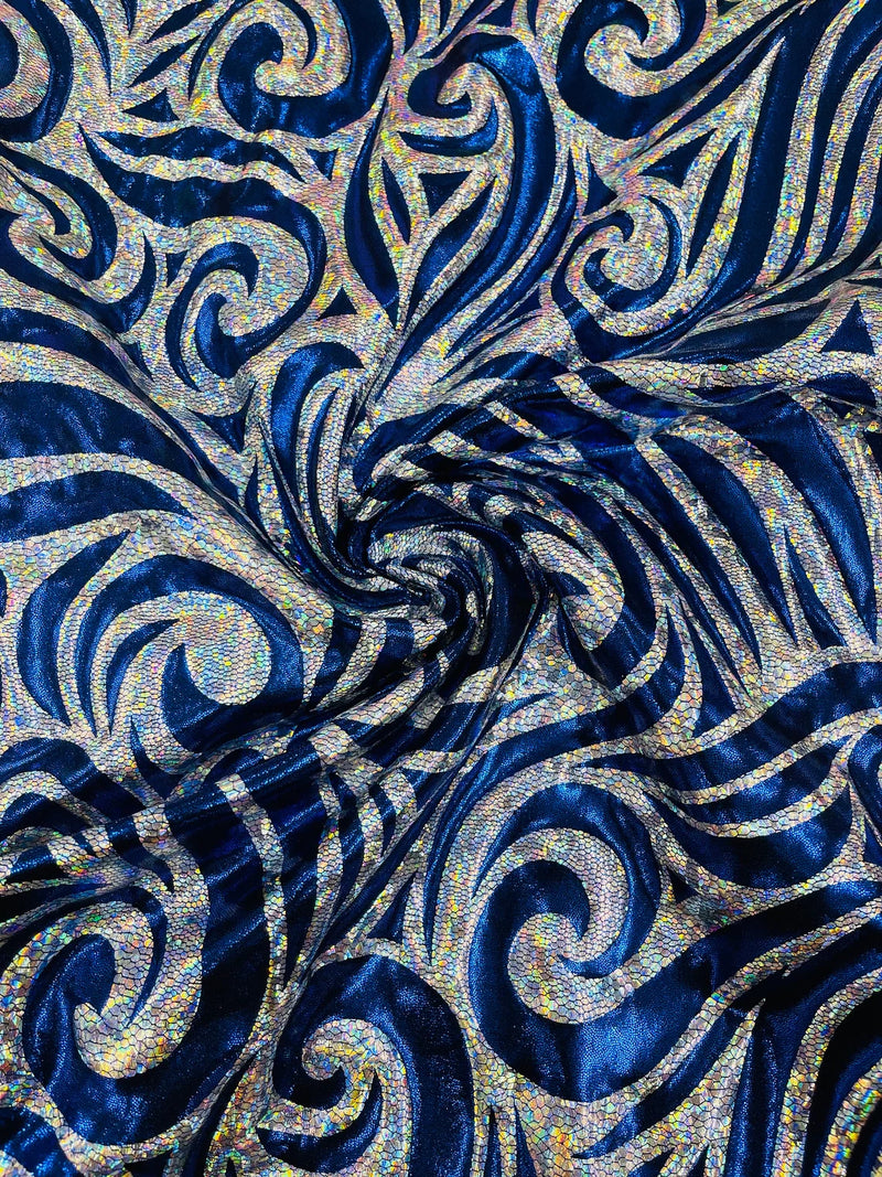 Tribal Swirl Design Spandex - Royal Blue / Silver - 4 Way Stretch Milliskin Holographic Fabric by Yard