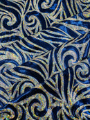 Tribal Swirl Design Spandex - Royal Blue / Silver - 4 Way Stretch Milliskin Holographic Fabric by Yard