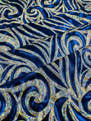 Tribal Swirl Design Spandex - Royal Blue / Silver - 4 Way Stretch Milliskin Holographic Fabric by Yard