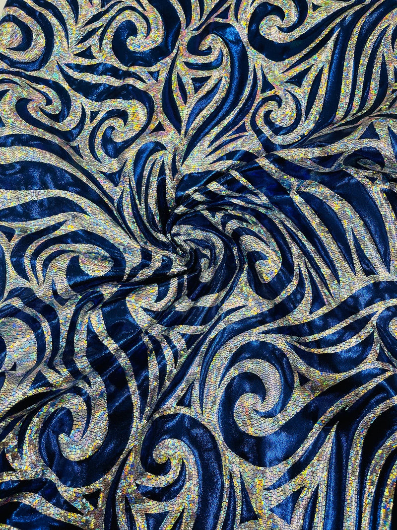 Tribal Swirl Design Spandex - Royal Blue / Silver - 4 Way Stretch Milliskin Holographic Fabric by Yard