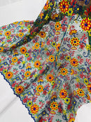 Multi-Color Flower Fabric - Royal Blue / Yellow / Red - Embroidered Floral Design Lace Fabric By Yard