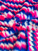 60" Zig Zag Faux Fur - Royal Blue / Yellow / Red - Three Tone Soft Faux Fur Fabric By Yard