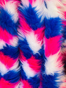 60" Zig Zag Faux Fur - Royal Blue / Yellow / Red - Three Tone Soft Faux Fur Fabric By Yard