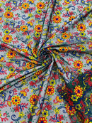 Multi-Color Flower Fabric - Royal Blue / Yellow / Red - Embroidered Floral Design Lace Fabric By Yard