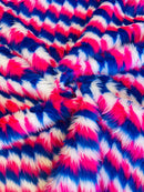 60" Zig Zag Faux Fur - Royal Blue / Yellow / Red - Three Tone Soft Faux Fur Fabric By Yard