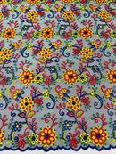 Multi-Color Flower Fabric - Royal Blue / Yellow / Red - Embroidered Floral Design Lace Fabric By Yard